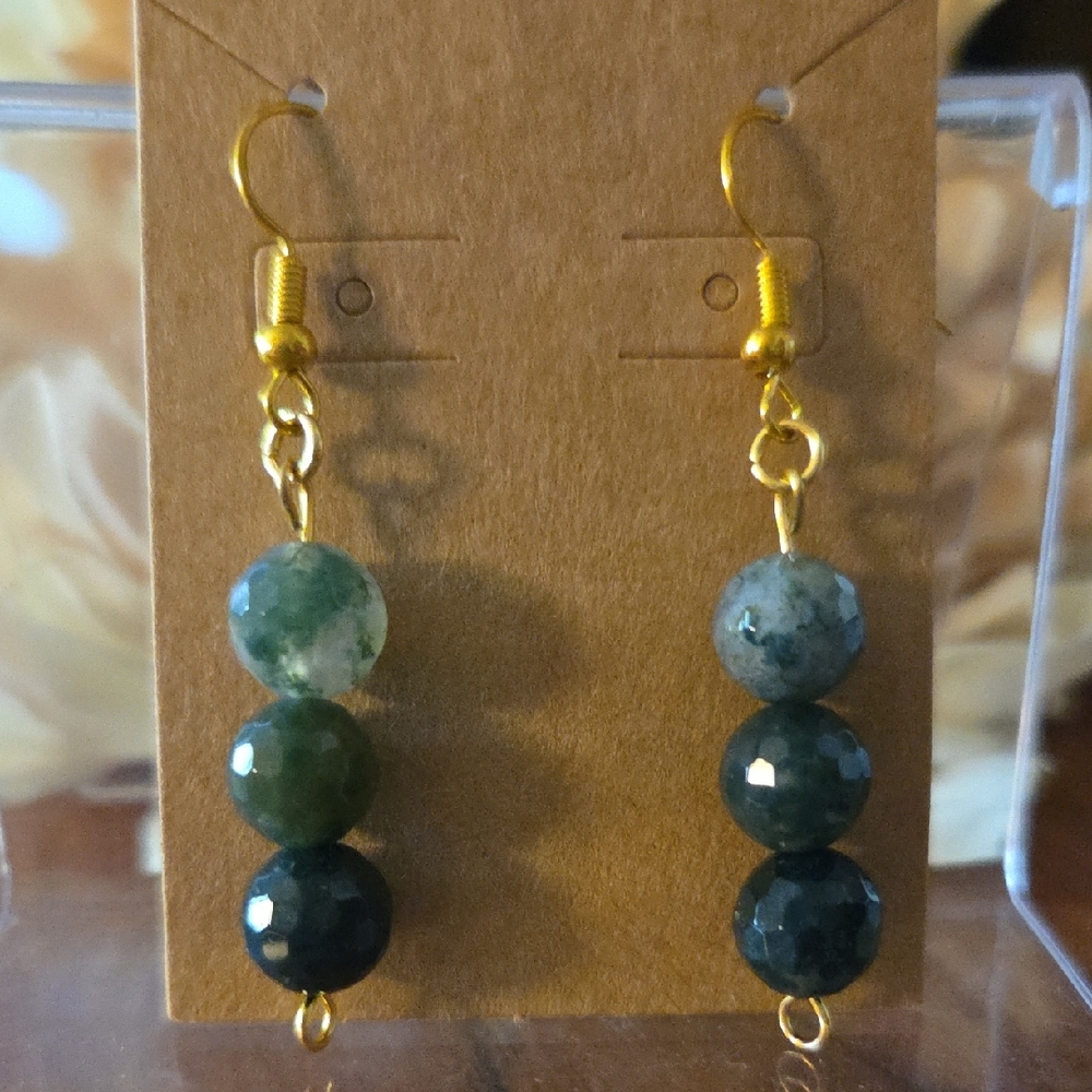 🎁Hand Crafted Faceted Moss Agate Gold Plated 925 Sterling Silver Dangle Earring
